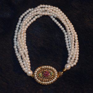 Vintage Collectible Bracelet 6 Strings Pearly Beads Pendant Rose Length - 7.5'